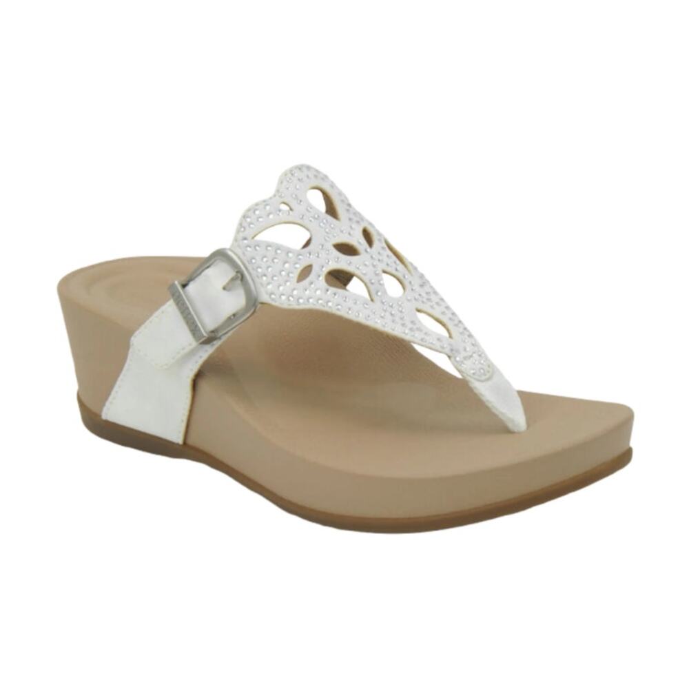 Aetrex Tasha Thong Wedge Sandals Rhinestone Embellished White Womens Size 10.5
